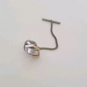 Yves Saint Laurent YSL Tie Necktie Pin Silver Gold Tone Logo‎ Geometric Vintage